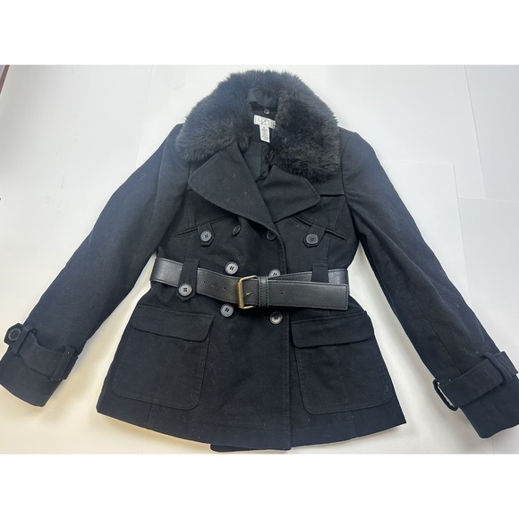 Ann Taylor Jackets & Blazers - Ann Taylor Petite‎ Double Breasted Pea Coat Womens 0P Black Faux Fur Belted